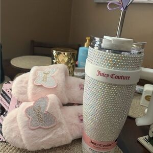 Juicy Couture Pink Fluffy Slippers and Rhinestone Tumbler